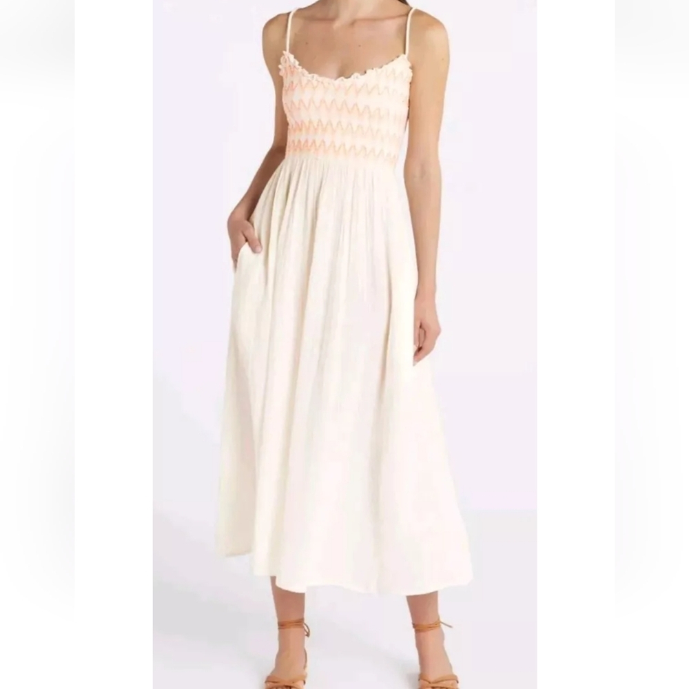 New Free People Women’s Sweet Nothings Cotton Gauze Midi Sundress Ivory Medium M - Picture 1 of 6